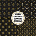 Set of seamless Christmas patterns with golden holiday elements on black background. Royalty Free Stock Photo